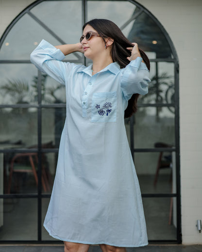 Baby Blue Embroidered Shirt Dress