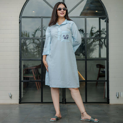 Baby Blue Embroidered Shirt Dress